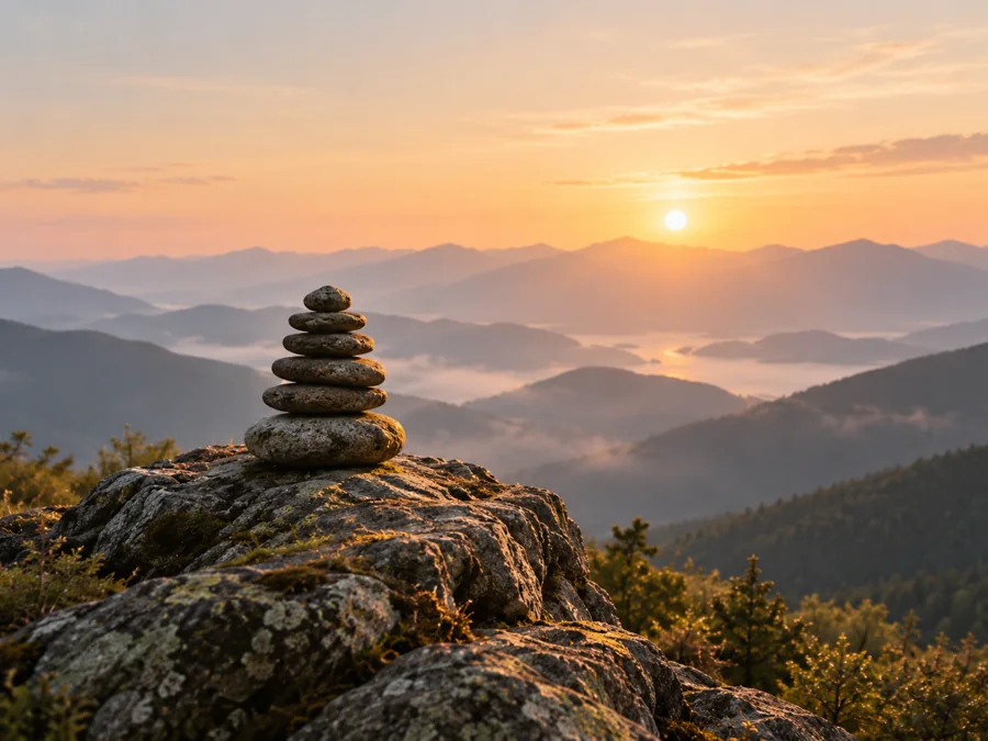 Piedras en equilibrio frente a montañas al atardecer