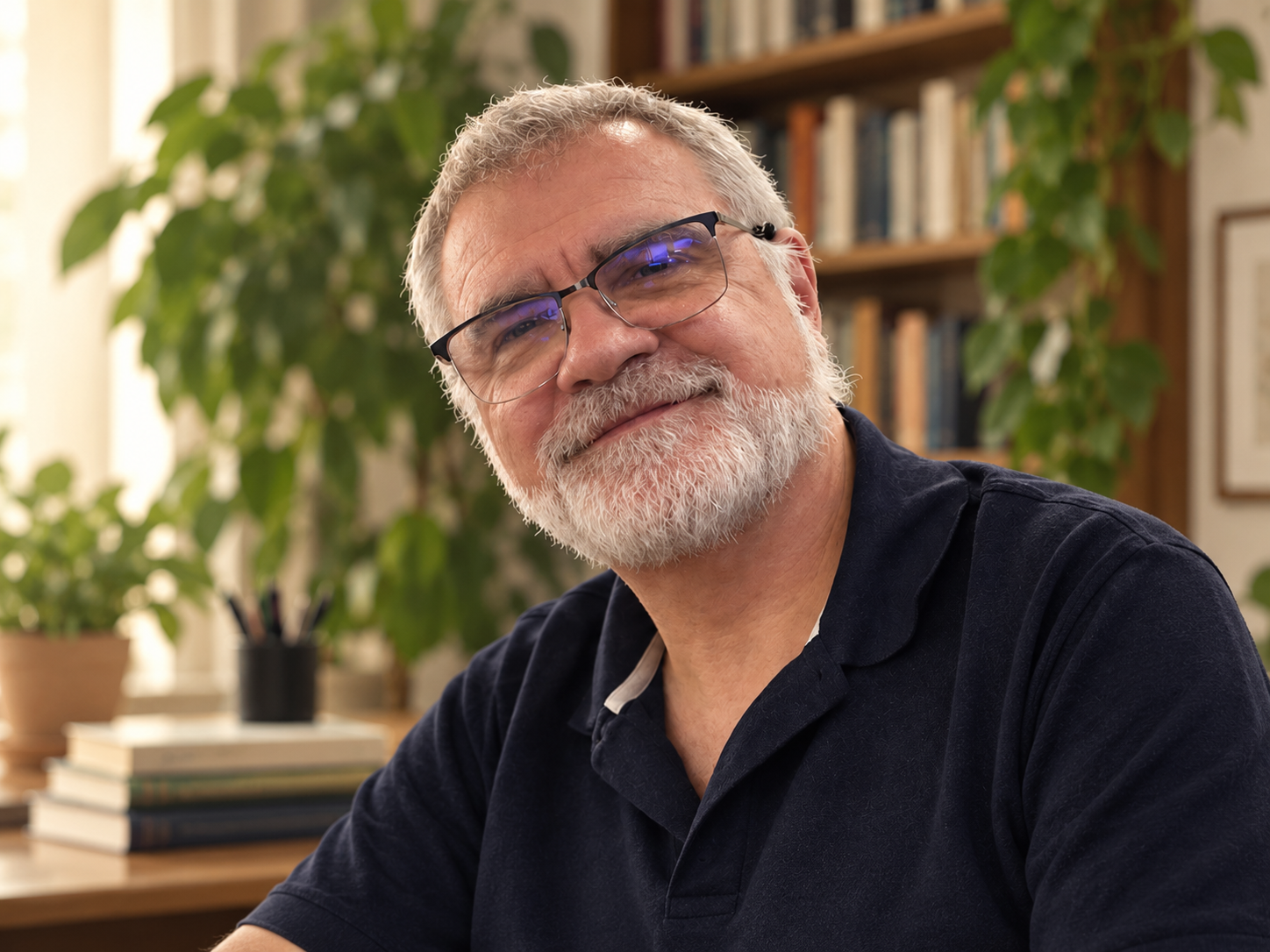 Gustavo Héctor Mahon en un ambiente de biblioteca